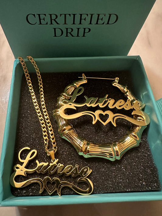 Picture of gold bamboo hoop earrings with matching necklace set. 